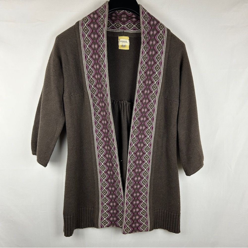 Fossil Sweater Womens Small Brown Nordic Fair Isle Trimmed Open Cardigan S